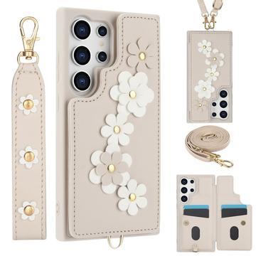 Samsung Galaxy S24 Ultra Funda decorada con flores y correa - Beige