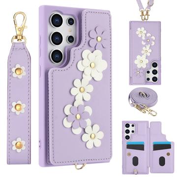 Samsung Galaxy S24 Ultra Funda decorada con flores y correa - Morado