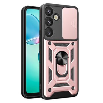 Funda híbrida con anillo giratorio y protector de cámara para Samsung Galaxy S25 - Rosa Dorado