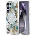 Funda MagSafe Samsung Galaxy S25 Ultra Guess Glitter Flowers Triangle Buttons - Blanco