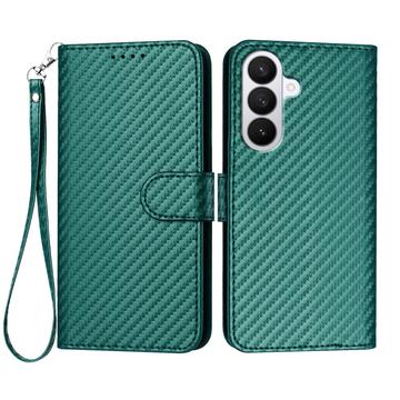 Samsung Galaxy S26 Pro Funda Cartera Premium con Correa - Textura Fibra de Carbono - Verde carbón