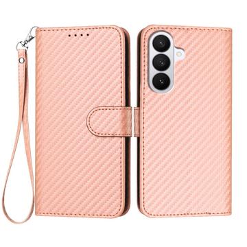 Samsung Galaxy S26 Pro Funda Cartera Premium con Correa - Textura Fibra de Carbono - Rosa carbón