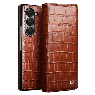Funda de Cuero con Tapa Qialino Classic para Samsung Galaxy Z Fold6 - Cocodrilo - Marrón Oscuro