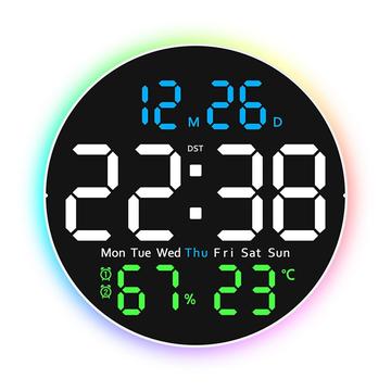 Reloj de pared LED silencioso con pantalla digital y luz ambiental - Negro