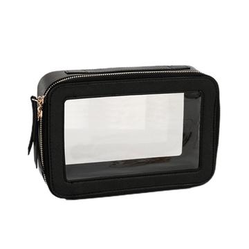 Bolsa de maquillaje transparente de una capa Bolsa de cosméticos de cuero PU impermeable - Negro