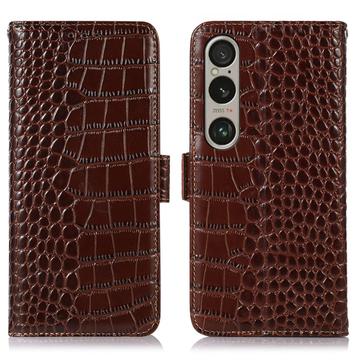 Funda Crocodile con RFID para Sony Xperia 1 VI - Estilo Cartera - Marrón