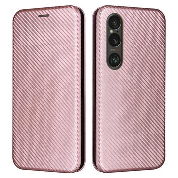 Funda con Tapa para Sony Xperia 1 VI - Fibra de Carbon - Rojo Dorado