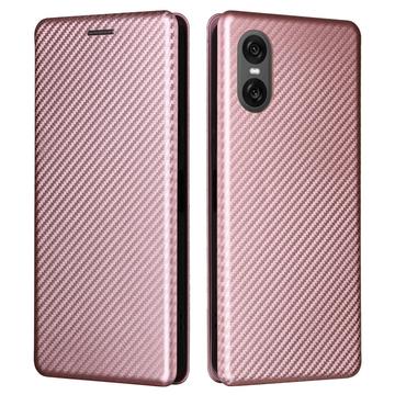 Funda con Tapa para Sony Xperia 10 VI - Fibra de Carbon - Rosa Dorado