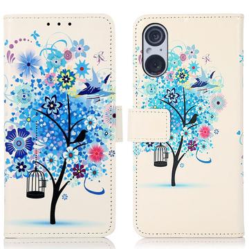 Funda Glam Serie para Sony Xperia 5 V - Estilo Cartera - Árbol Floreciente / Azul