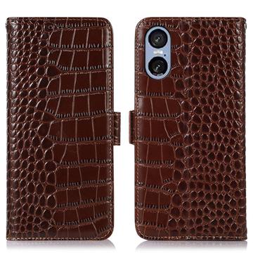 Funda Crocodile con RFID para Sony Xperia 5 VI - Estilo Cartera - Marrón