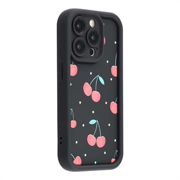 Elegante funda de TPU antichoque para iPhone 12 Pro con bordes elevados - Negro / Cerezas
