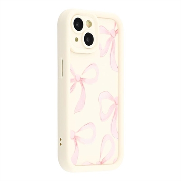 Elegante funda de TPU antichoque para iPhone 15 Plus con bordes elevados - Blanca / Lazo grande