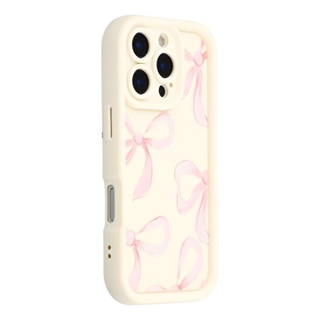 Elegante funda de TPU antichoque para iPhone 16 Pro Max con bordes elevados - Blanca / Lazo grande