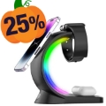 T17 3-en-1 Luz RGB Cargador Inalámbrico Magnético para iPhone 12 / 13 / 14 / 15 Series Soporte de Carga Rápida de Sobremesa Compatible con MagSafe - Negro