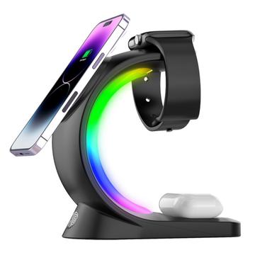 T17 3-en-1 Luz RGB Cargador Inalámbrico Magnético para iPhone 12 / 13 / 14 / 15 / 16 Series Soporte de Carga Rápida de Sobremesa Compatible con MagSafe - Negro