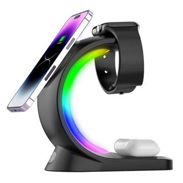 T17 3-en-1 Luz RGB Cargador Inalámbrico Magnético para iPhone 12 / 13 / 14 / 15 Series Soporte de Carga Rápida de Sobremesa Compatible con MagSafe - Negro