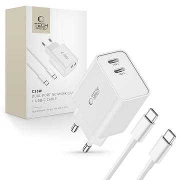 Tech-Protect C35W Cargador de pared de doble puerto USB-C con cable USB-C - Blanco