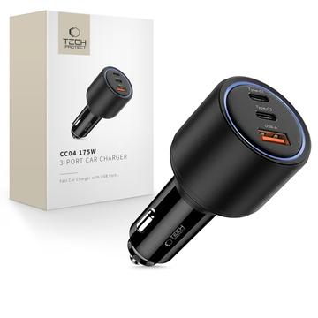Tech-Protect CC04 Cargador de coche de 3 puertos y 175 W - 2x USB-C, USB-A - Negro