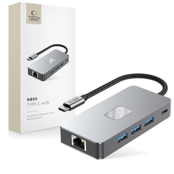 Tech-Protect HB05 Adaptador Hub USB-C 9 en 1 con HDMI 4K 60Hz, lector de tarjetas SD/TF, USB-C 100W PD, Ethernet RJ45, USB 3.0/2.0 - Gris espacial