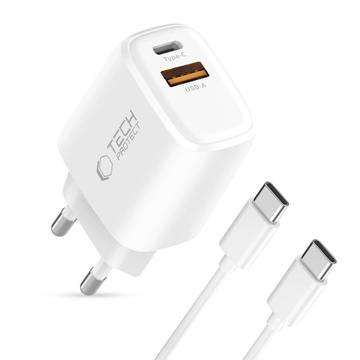 Cargador Tech-Protect NCA20 Dual-Port PD 20W/QC3.0 con cable USB-C - Blanco