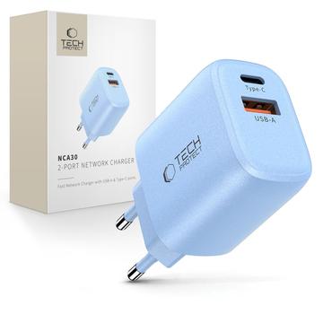 Tech-Protect NCA30 Cargador de doble puerto - 30W USB-C PD y 18W USB-A QC3.0 - Azul Bebé