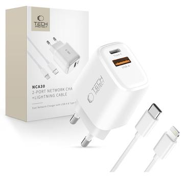 Tech-Protect NCA30 Cargador de doble puerto PD 30W/QC3.0 con cable Lightning - Blanco