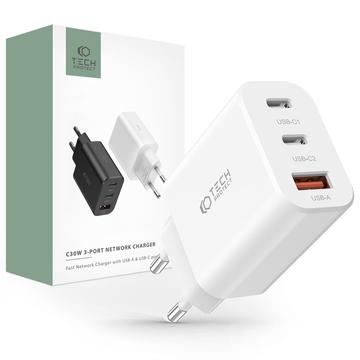 Tech-Protect Network Cargador de pared de 30 W con 2x USB-C y 1x USB-A - Blanco