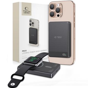 Tech-Protect PB33 LifeMag MagSafe Power Bank 5000mAh - Compacto, carga inalámbrica, USB-C, pantalla LED - Negro