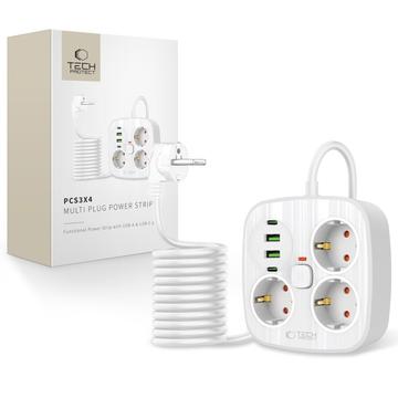 Regleta de enchufes Tech-Protect PCS3X4 - 3 tomas de CA, 2 puertos USB-A y 2 puertos USB-C, cable de 2m - Blanco
