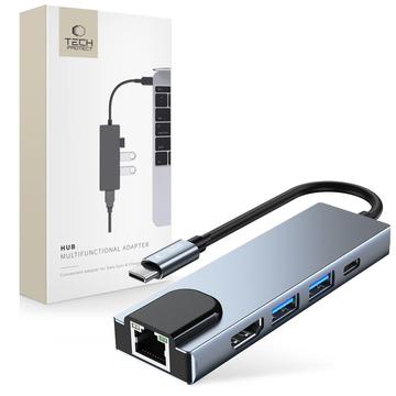 Tech-Protect V3 5-in-1 USB-C Hub - HDMI, Gigabit-LAN, USB 3.0/2.0, 100W USB-C - Gris