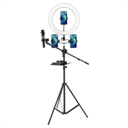 UN-700 Anillo de luz LED de 10'' con trípode Bandeja para tarjeta de sonido y 3 soportes para teléfono para selfie YouTube Vídeo Fotografía Maquillaje