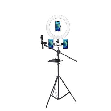 UN-700 Anillo de luz LED de 10\'\' con trípode Bandeja para tarjeta de sonido y 3 soportes para teléfono para selfie YouTube Vídeo Fotografía Maquillaje