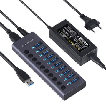 Concentrador USB 3.0 de 10 puertos con interruptores de alimentación individuales - Gris