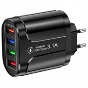 Adaptador de Corriente USB Universal de Carga Rápida de 4 Puertos - 48W - Negro