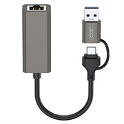 XO HUB018 Adaptador 2 en 1 USB-C / USB-A a Ethernet - RJ45, 100Mbps - Gris