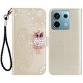 Xiaomi Redmi Note 13 Búho Rhinestone Funda Billetera - Dorado