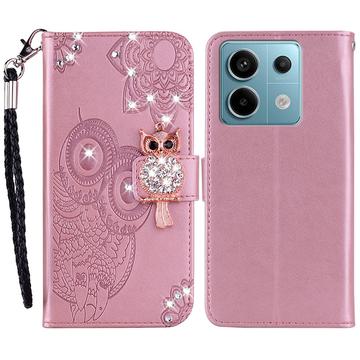 Xiaomi Redmi Note 13 Búho Rhinestone Funda billetera - Rosa Dorado