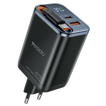 Cargador rápido Yesido YC100 67W con cable USB-C retráctil - Negro