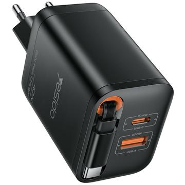 Yesido YC99 Cargador rápido de 40 W con cable USB-C retráctil - Negro