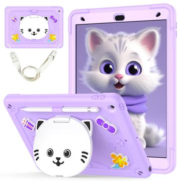 iPad 10.2 2019/2020/2021 Funda híbrida con un simpático gato y soporte - Morado Claro