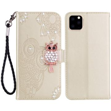iPhone 14 Búho Rhinestone Funda Billetera - Dorado
