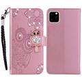 iPhone 14 Pro Búho Rhinestone Funda billetera - Oro rosa