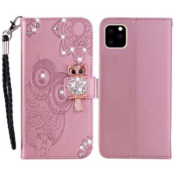 iPhone 14 Pro Búho Rhinestone Funda billetera - Oro rosa