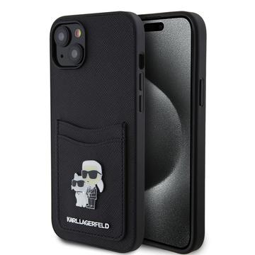 Funda iPhone 15 Karl Lagerfeld Saffiano Card Slot Metal Karl & Choupette - Negro