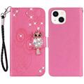 iPhone 15 Plus Búho Rhinestone Funda Cartera - Rosa Fuerte