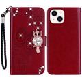 iPhone 15 Plus Búho Rhinestone Funda billetera - Rojo