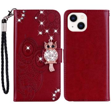 iPhone 15 Plus Búho Rhinestone Funda billetera - Rojo