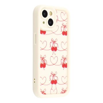 Elegante funda de TPU antichoque para iPhone 15 Plus con bordes elevados - Blanca / Cerezas con lazo