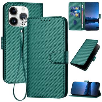 iPhone 15 Pro Max Funda Cartera Premium con Correa - Textura Fibra de Carbono - Verde carbón