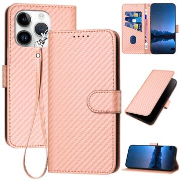 iPhone 15 Pro Max Funda Cartera Premium con Correa - Textura Fibra de Carbono - Rosa carbón